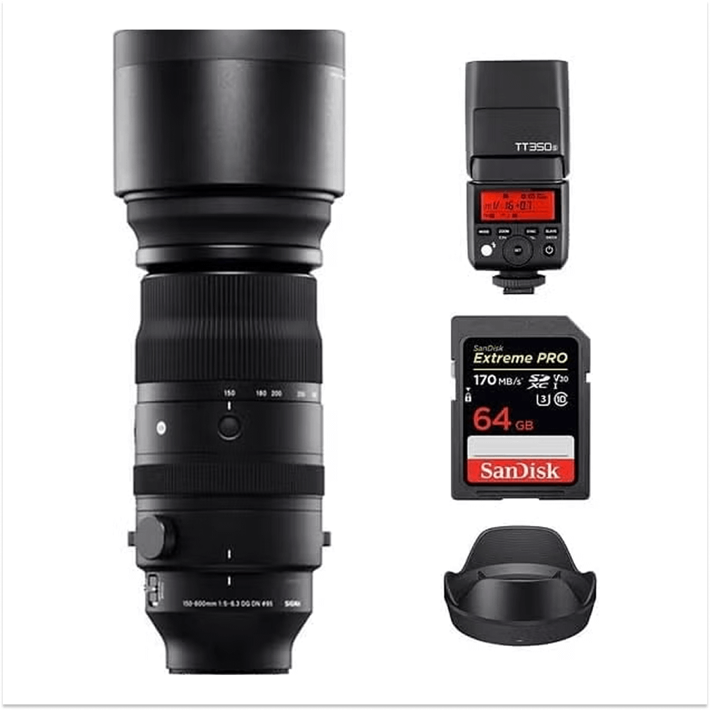 Sigma 150-600mm f/5-6.3 DG DN OS Sports Lens for Sony E | E-Mount Lens/Full-Frame Format, OS Image Stabilization, Super Multi-Layer Coating, Godox TT350S Flash, 64GB Extreme PRO UHS-I Memory Card